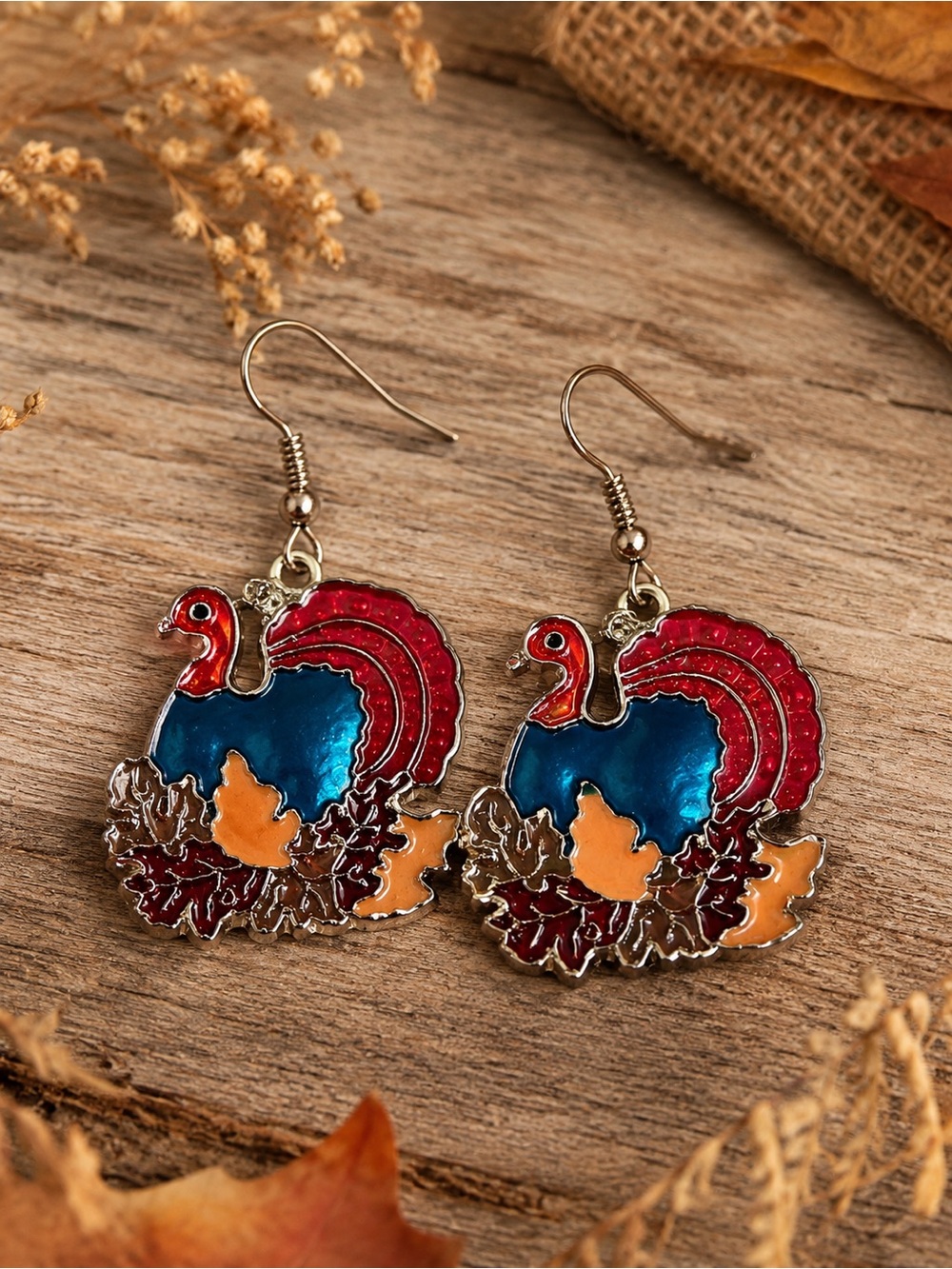 Thanksgiving Turkey Dangle Earrings Enamel Gold Tone Festive Fall Jewelry